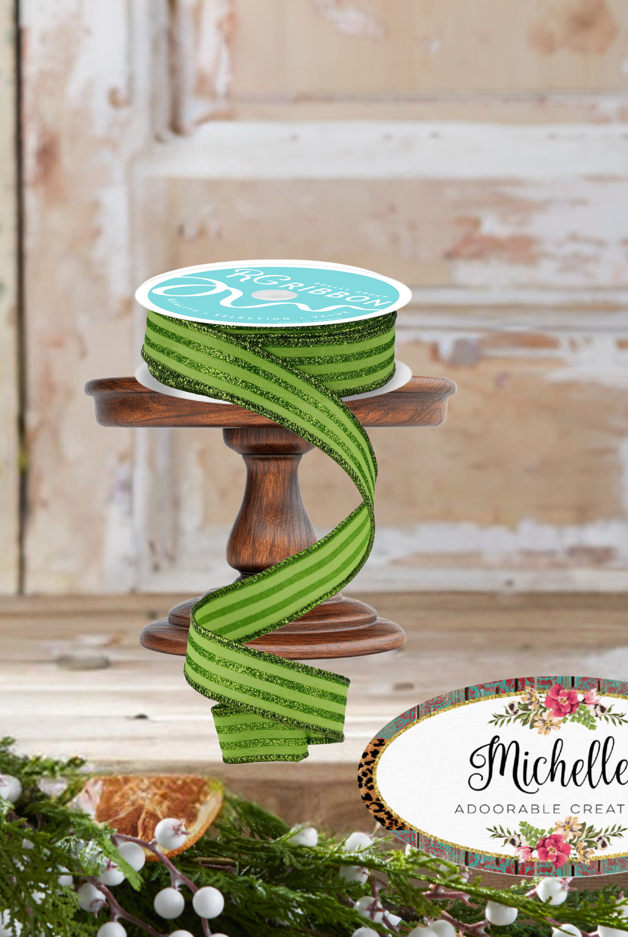 Shop For 7/8" Glitter Vertical Stripe Ribbon: Lime Green (10 Yards)