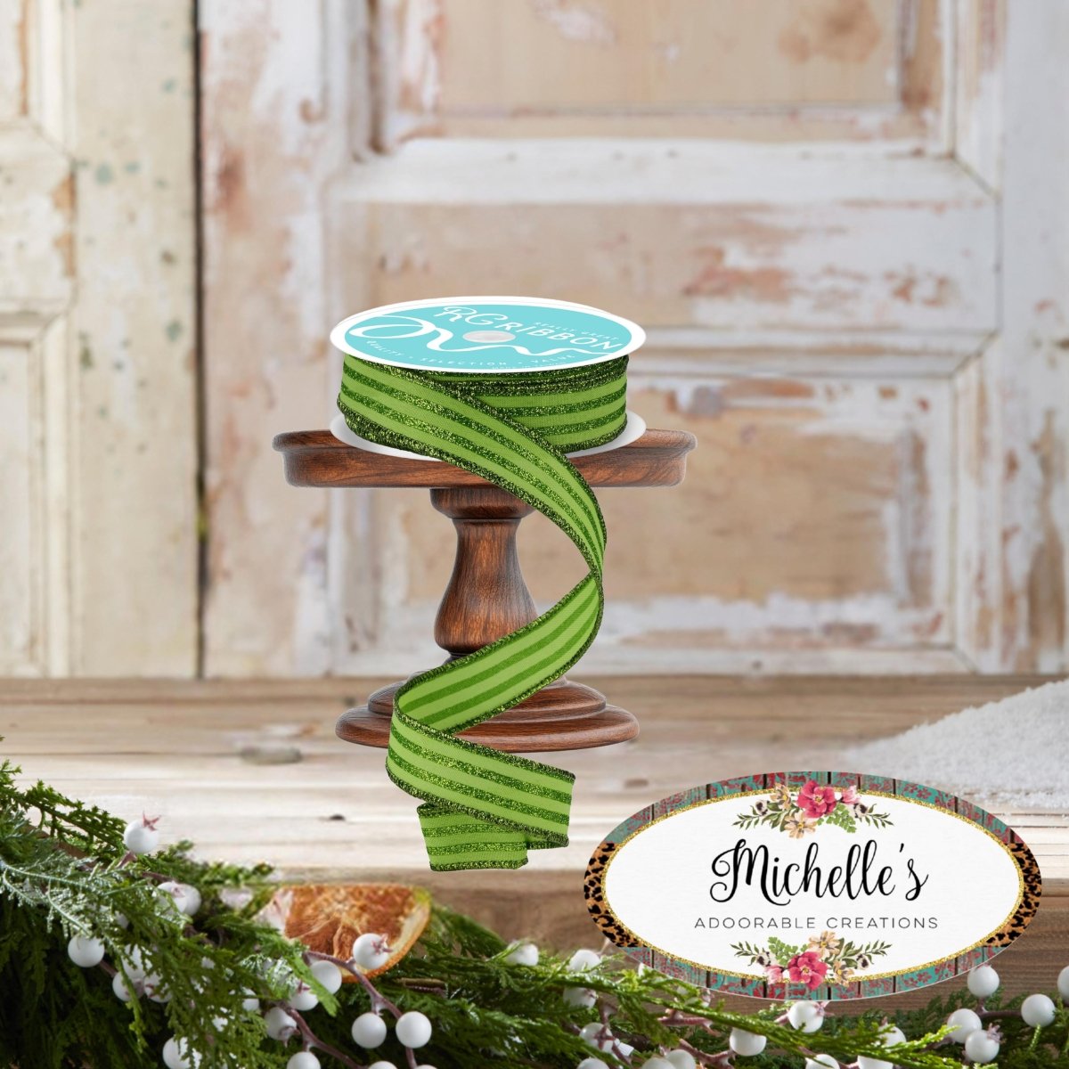 Shop For 7/8" Glitter Vertical Stripe Ribbon: Lime Green (10 Yards)