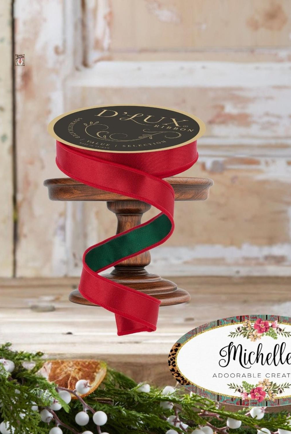 7/8" Satin Fused Ribbon: Red/Emerald Green (10 Yards)