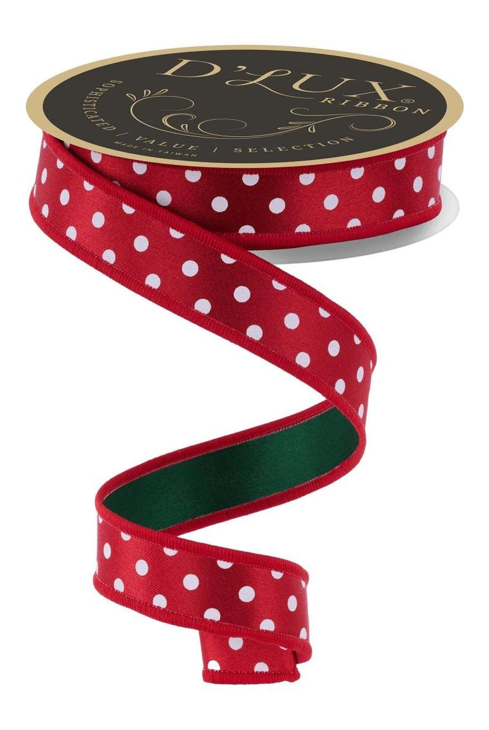7/8" Small Polka Dot Fused Ribbon: Green/Red (10 Yards)