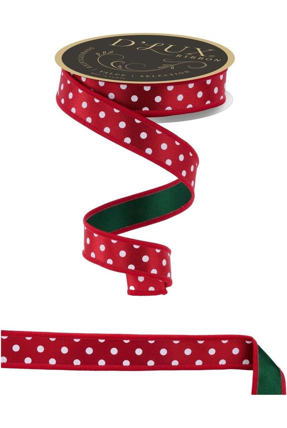 7/8" Small Polka Dot Fused Ribbon: Green/Red (10 Yards)