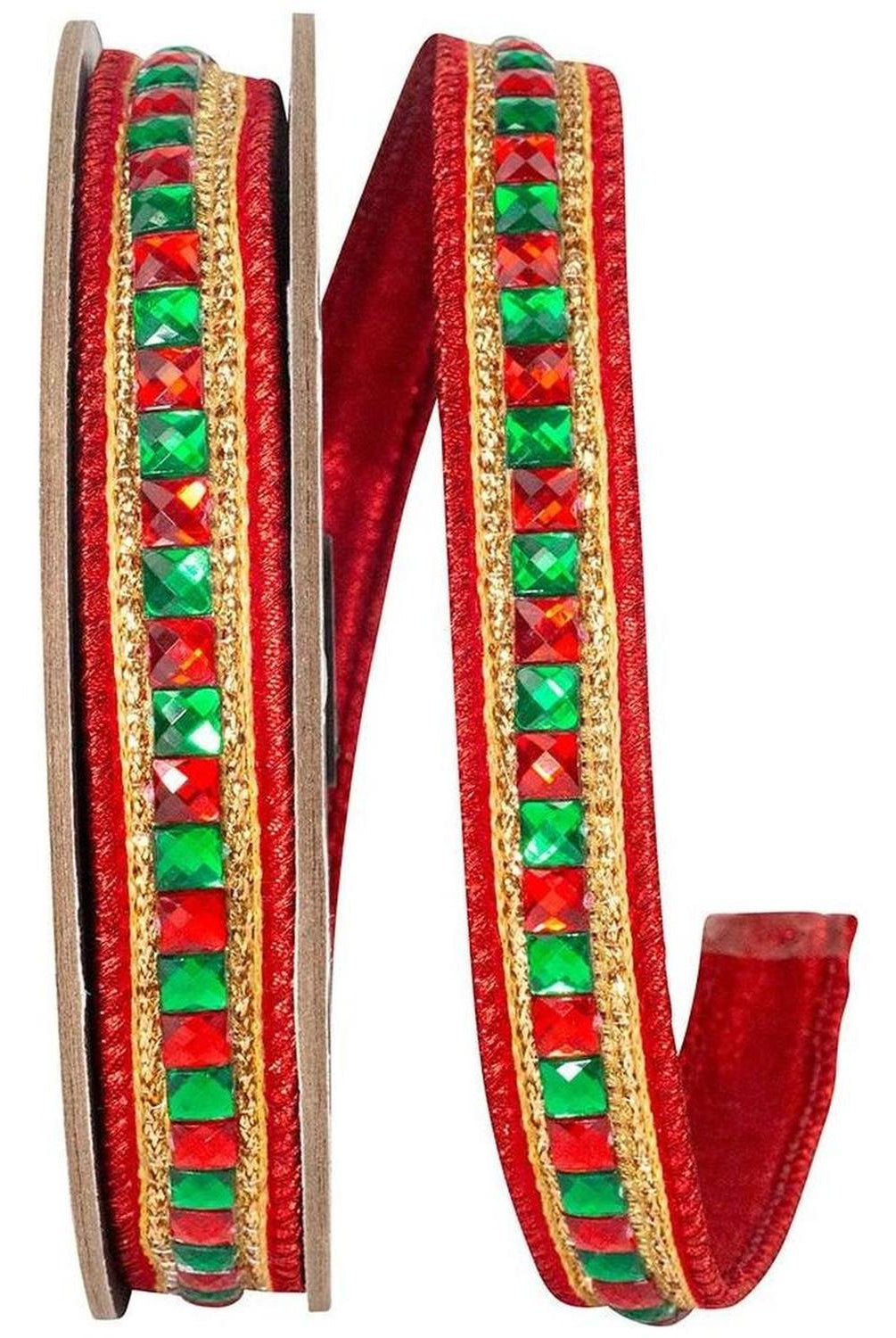 7/8" Sumptuous Jewel Accent Ribbon: Red/Green (5 Yards)