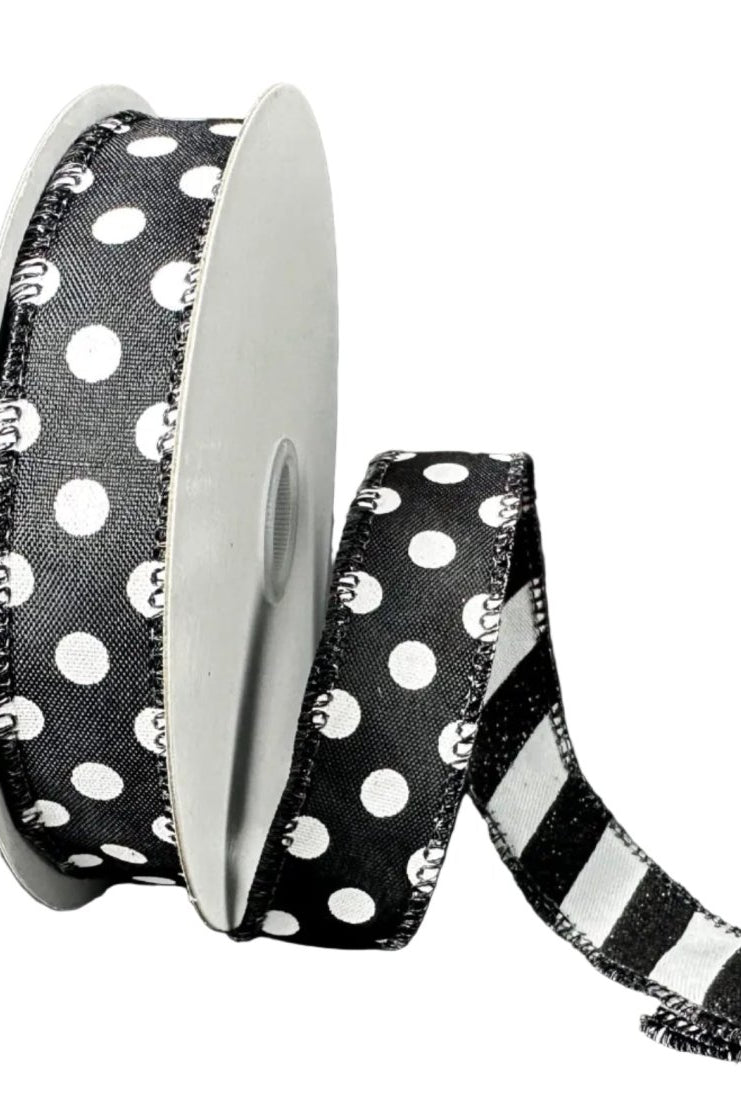 Shop For 7/8in Double Sided Polka Dot Stripe Ribbon: Black/White (10 Yards)