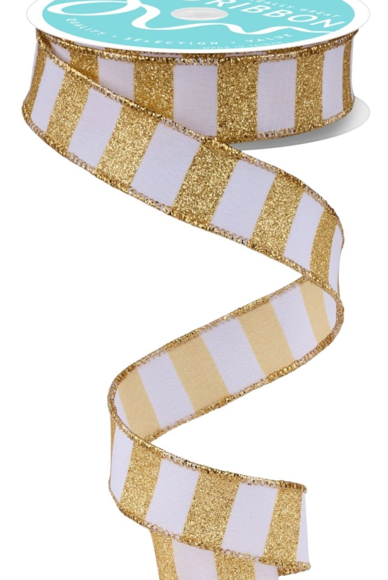 Shop For 7/8in Horizontal Glitter Stripe Ribbon: Gold/White (10 Yards)
