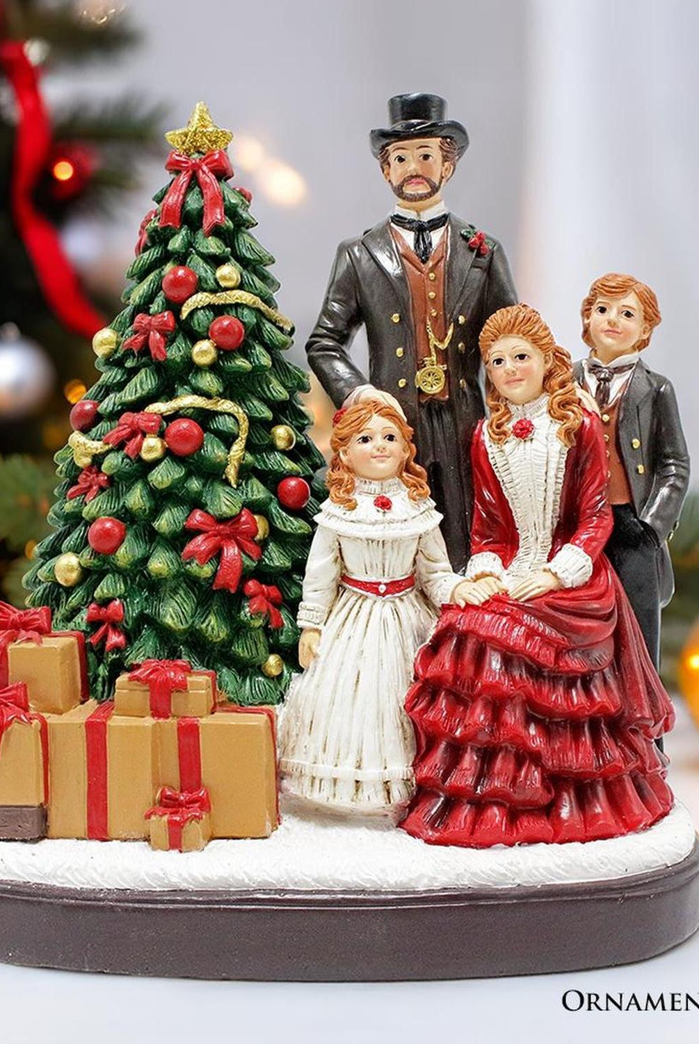Elegant Victorian Christmas Family Figurine, 8" Vintage Holiday Tabletop Statue and Home Decoration
