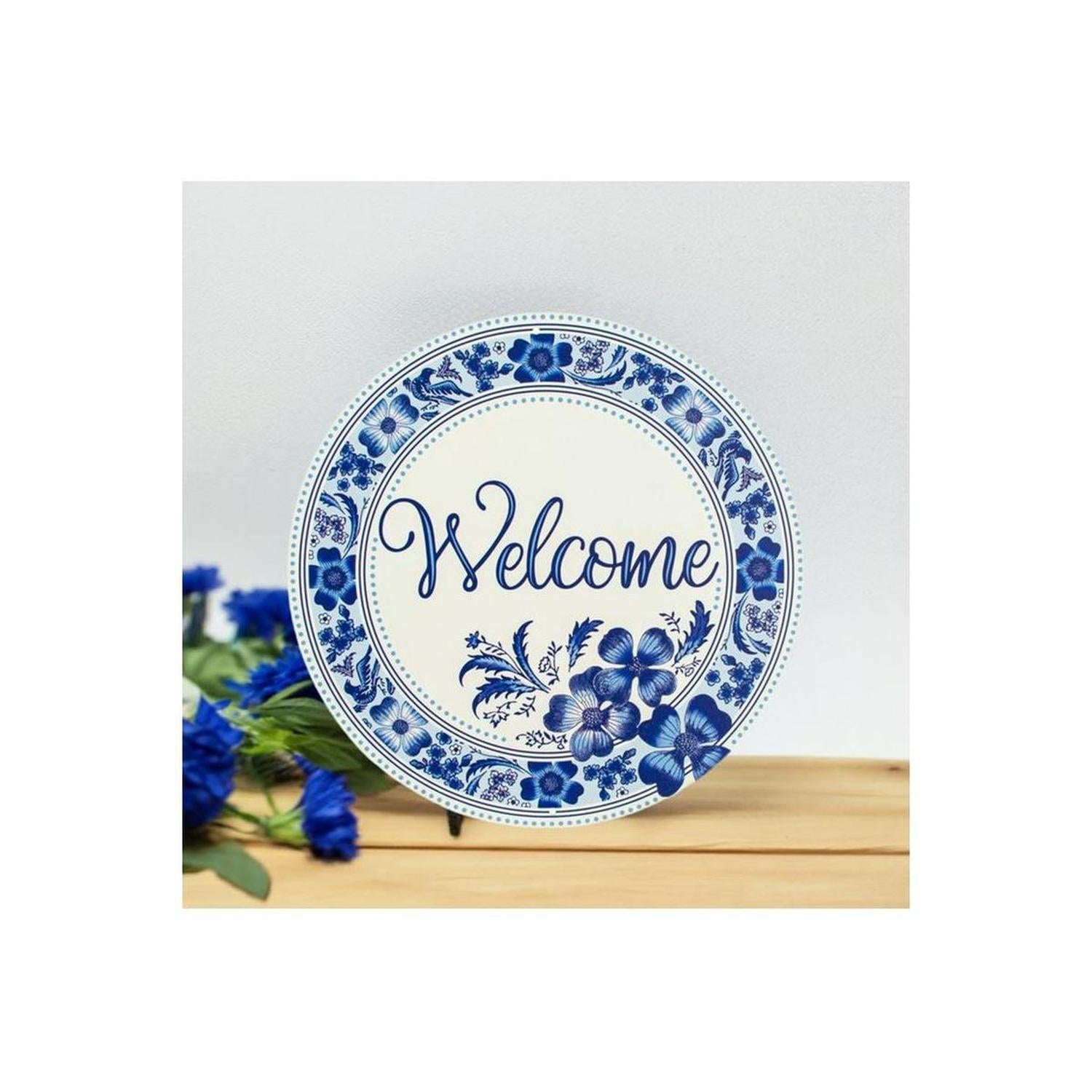 Shop For 8" Metal Round Sign: Welcome Blue Floral at Michelle's aDOORable Creations
