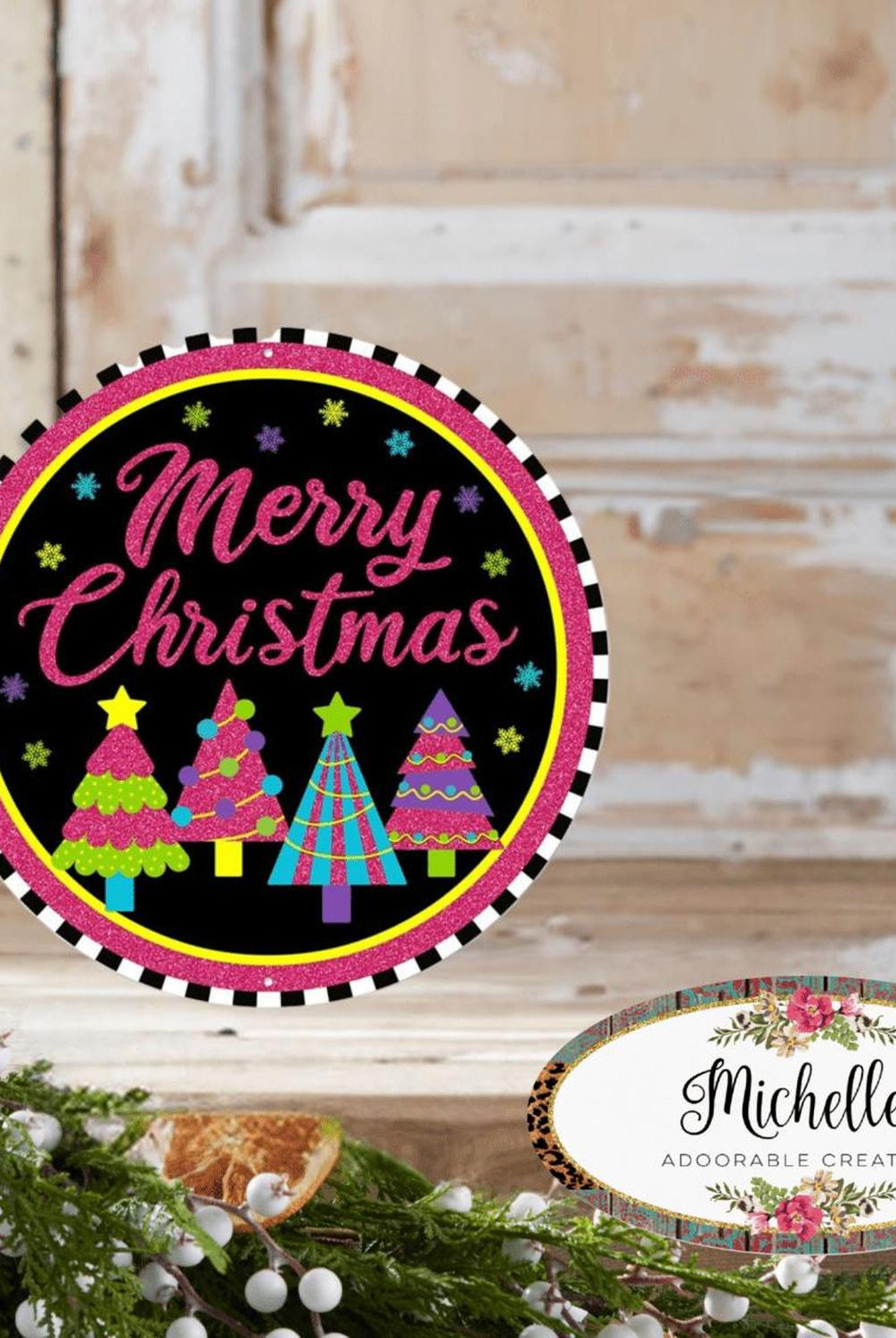 8" Metal Sign: Merry Bright Christmas