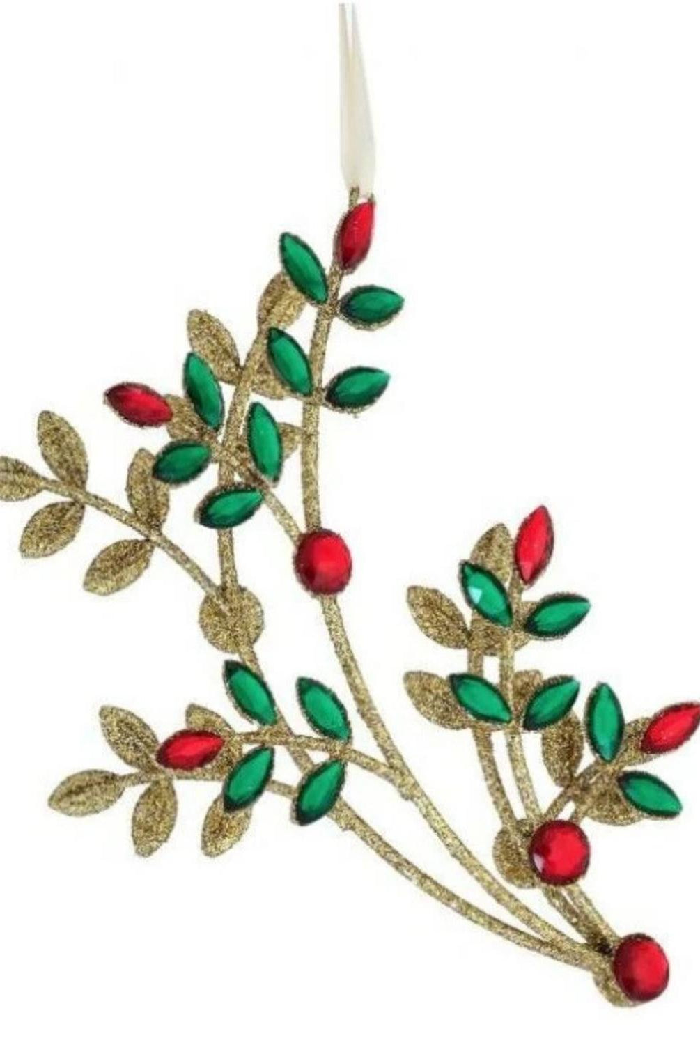 8.5" Glitter Wire Jewel Flower Branch Ornament: Red/Green