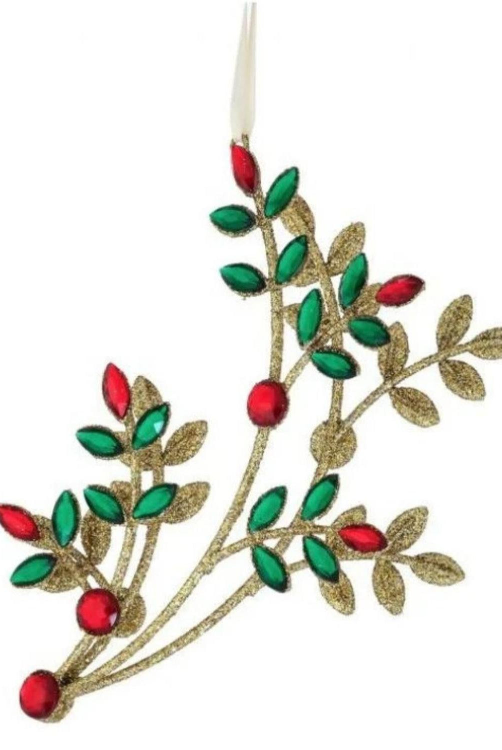 8.5" Glitter Wire Jewel Flower Branch Ornament: Red/Green