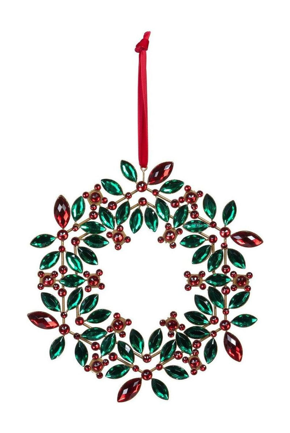 9.5" Jeweled Holly Wreath Ornament: Red/Green
