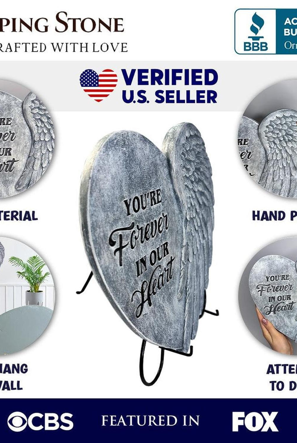 You’re Forever in Our Hearts Angel Wing Stepping Stone, 9.5" Garden Decorative Memorial Resin Figurine
