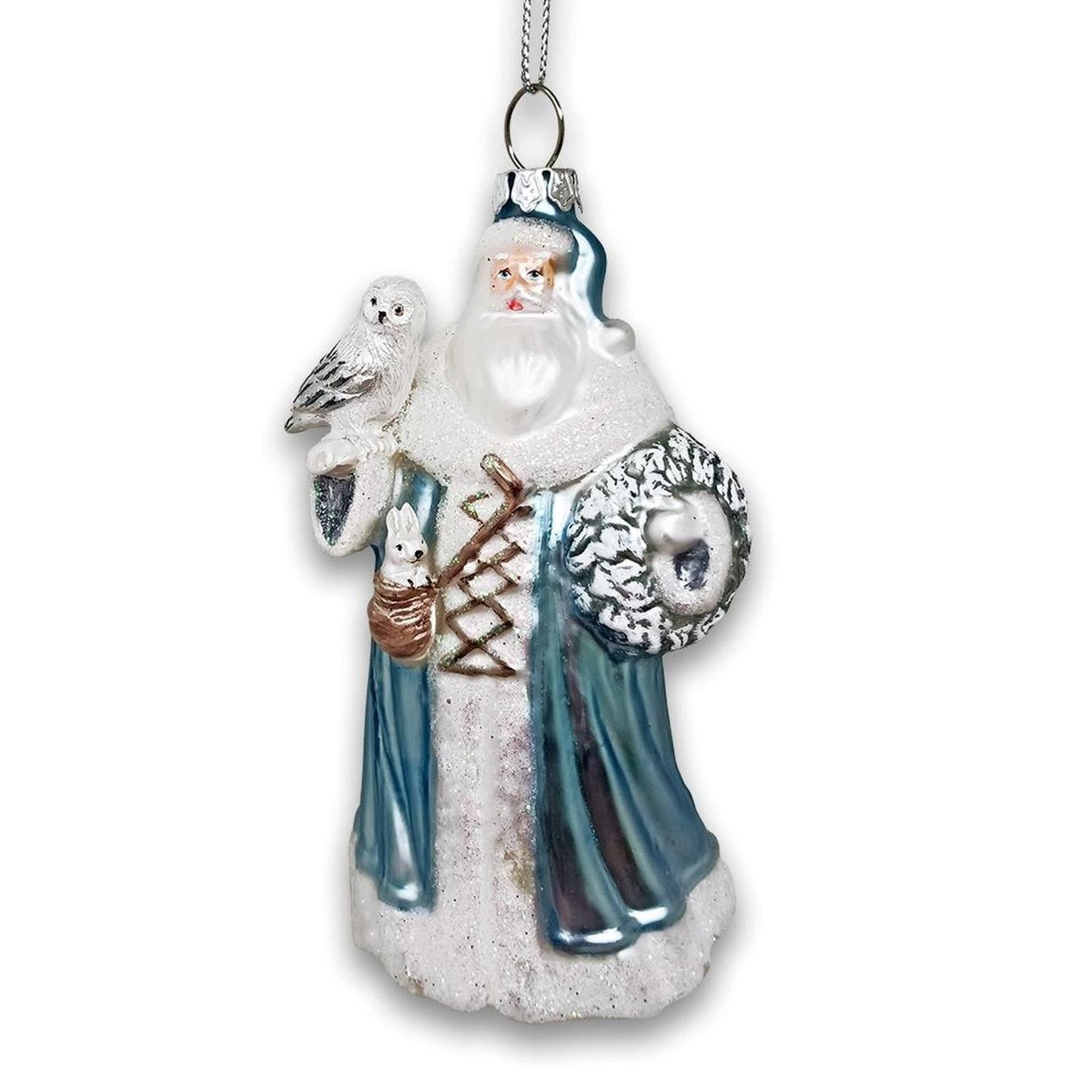 Arctic Whispers Santa Glass Christmas Ornament, Snowy Winter Theme with Light Blue Robe