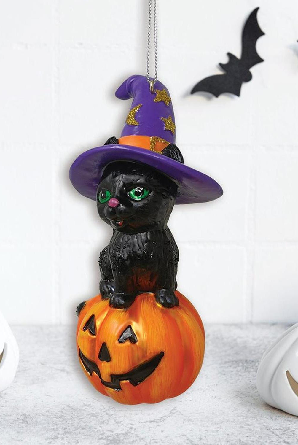 Black Cat on Pumpkin Spooky Glass Christmas Ornament, Witch Hat Halloween Theme