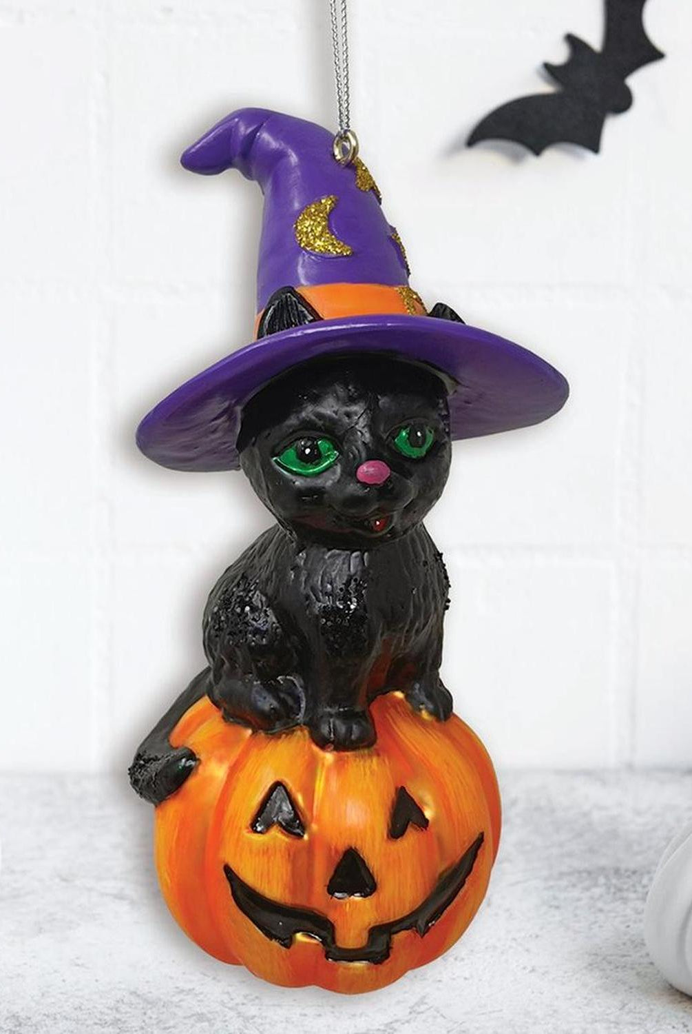 Black Cat on Pumpkin Spooky Glass Christmas Ornament, Witch Hat Halloween Theme