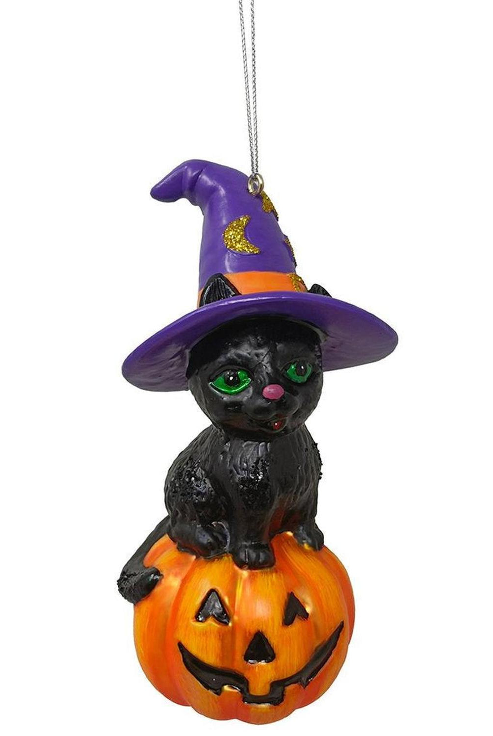 Black Cat on Pumpkin Spooky Glass Christmas Ornament, Witch Hat Halloween Theme