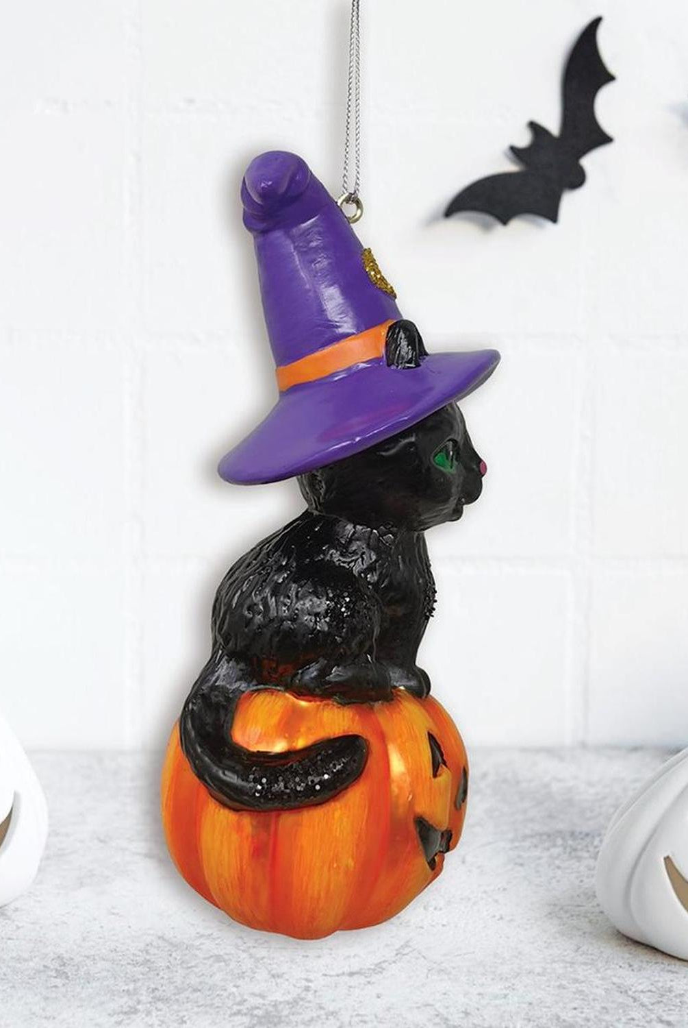 Black Cat on Pumpkin Spooky Glass Christmas Ornament, Witch Hat Halloween Theme
