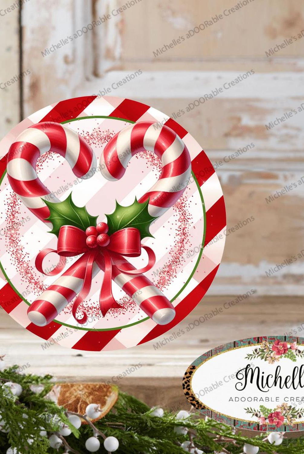 Candy Cane Heart Round Sign