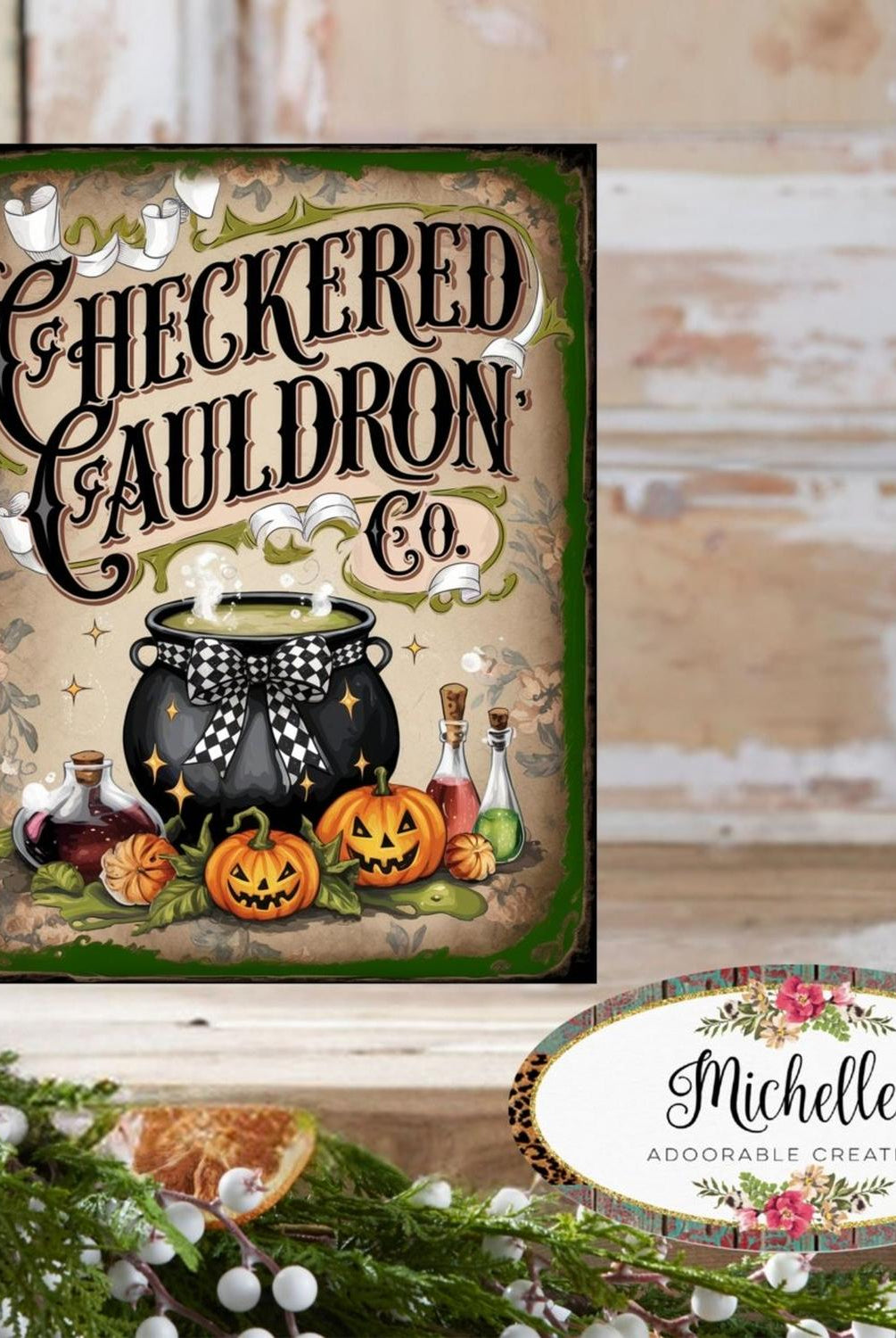 Checkered Cauldron Co Halloween Sign
