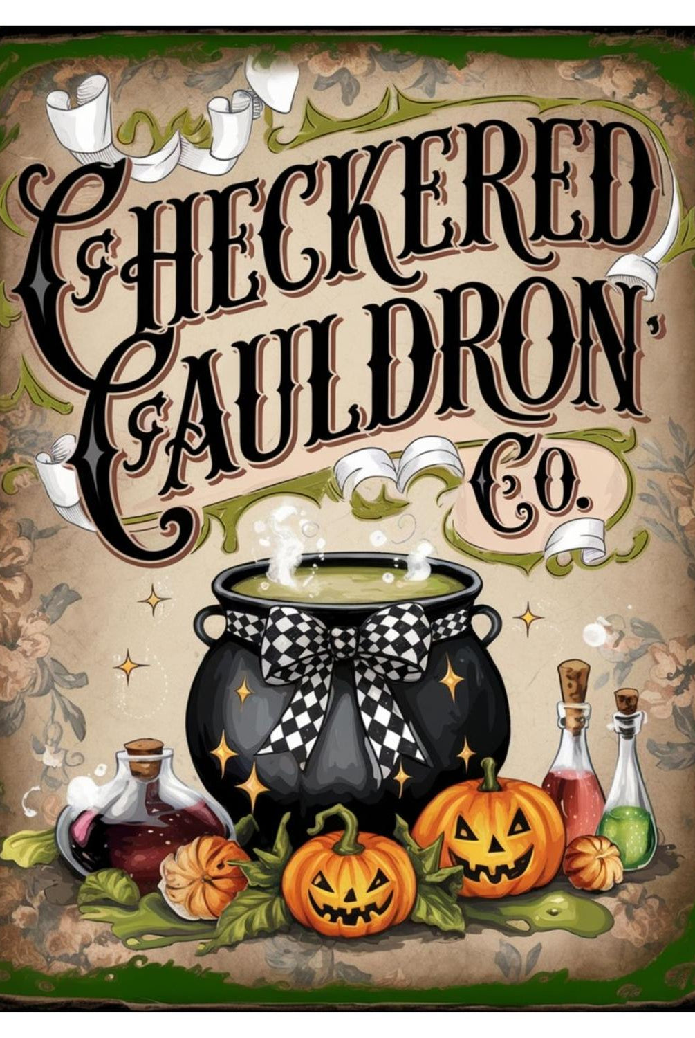 Checkered Cauldron Co Halloween Sign