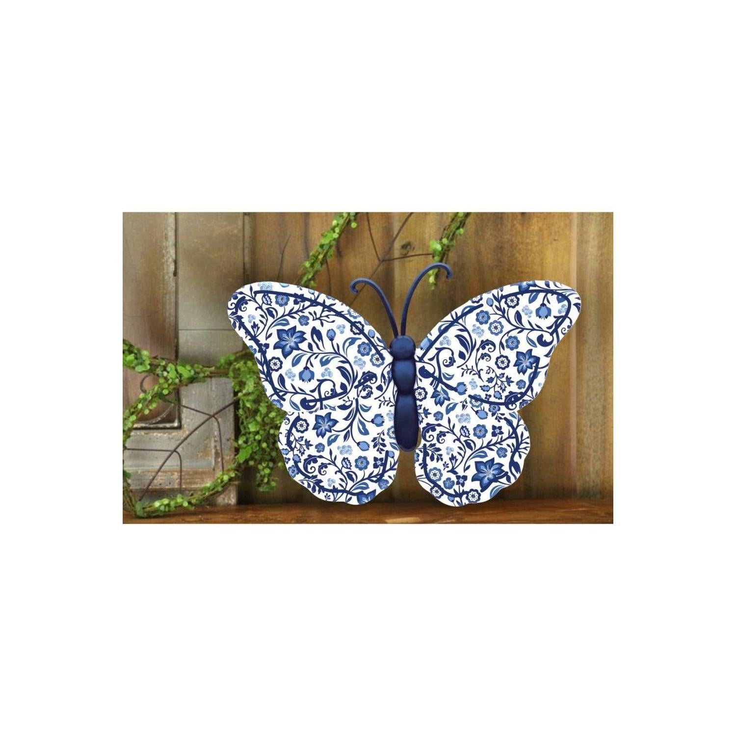 12" Chinoiserie Blue Metal Monarch Butterfly Sign