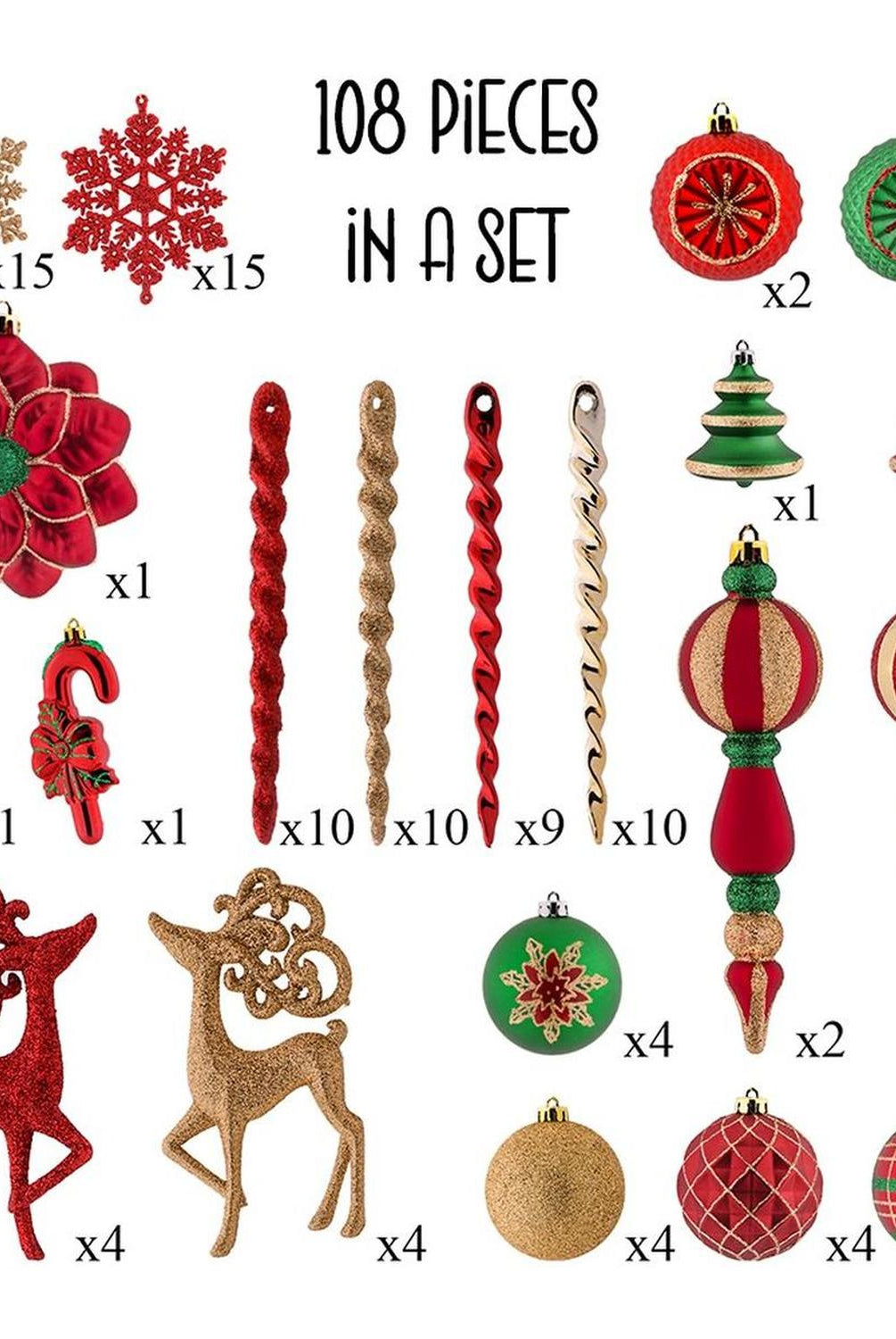 Christmas Sensation Mega Holiday Ornament Set, 108 Unique Baubles, Trees, Candycanes, and Snowflakes