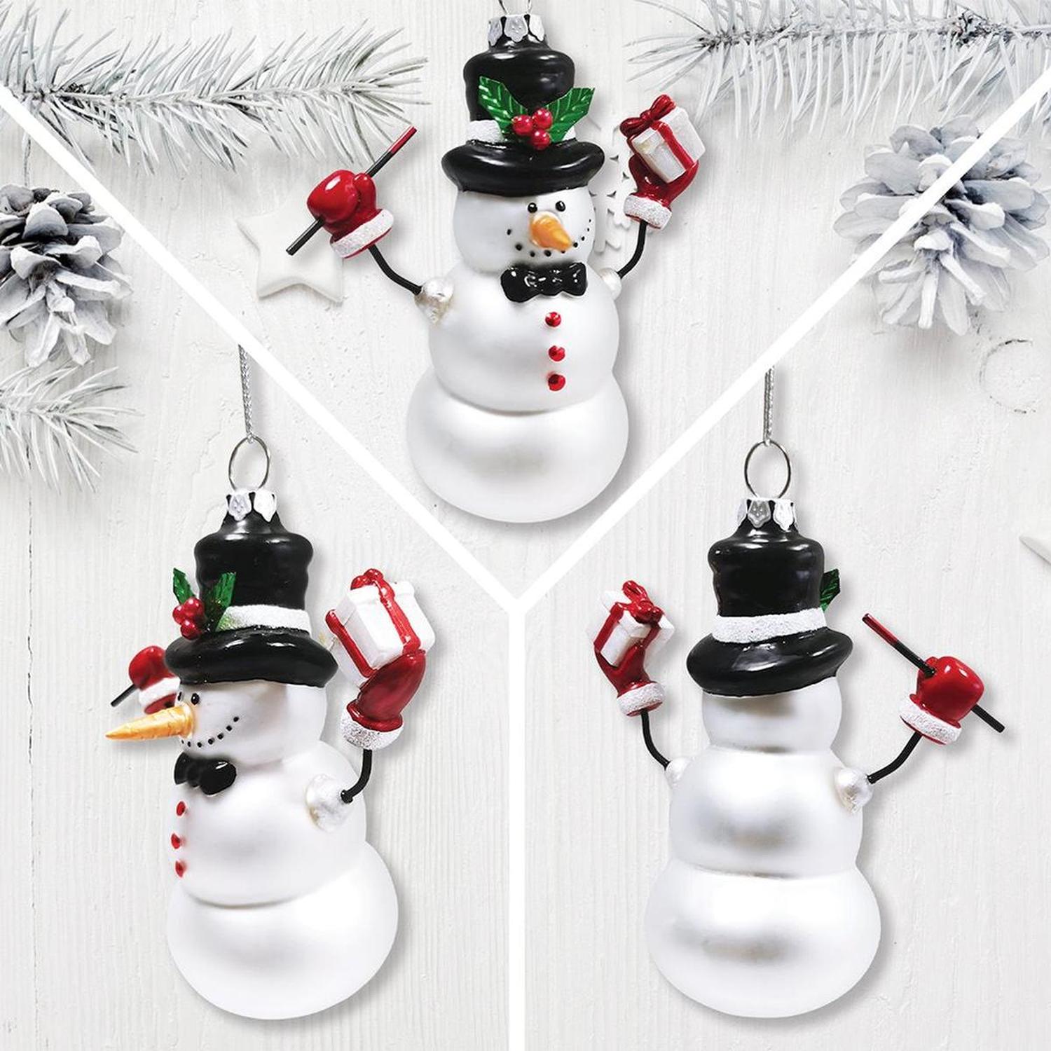 Classic Winter Snowman Set of 4 Glass Christmas Ornaments, Nostalgic Holiday Collection Set