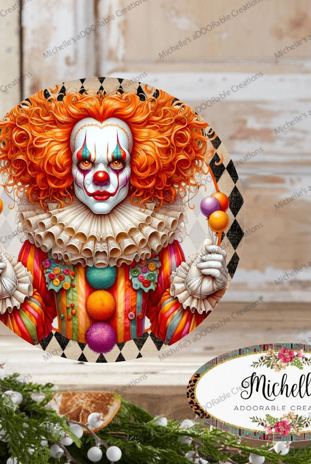 Colorful Halloween Clown Round Sign