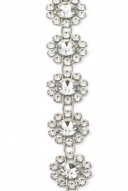 Silver faux rhinestone flower mesh trim with faceted stone centers