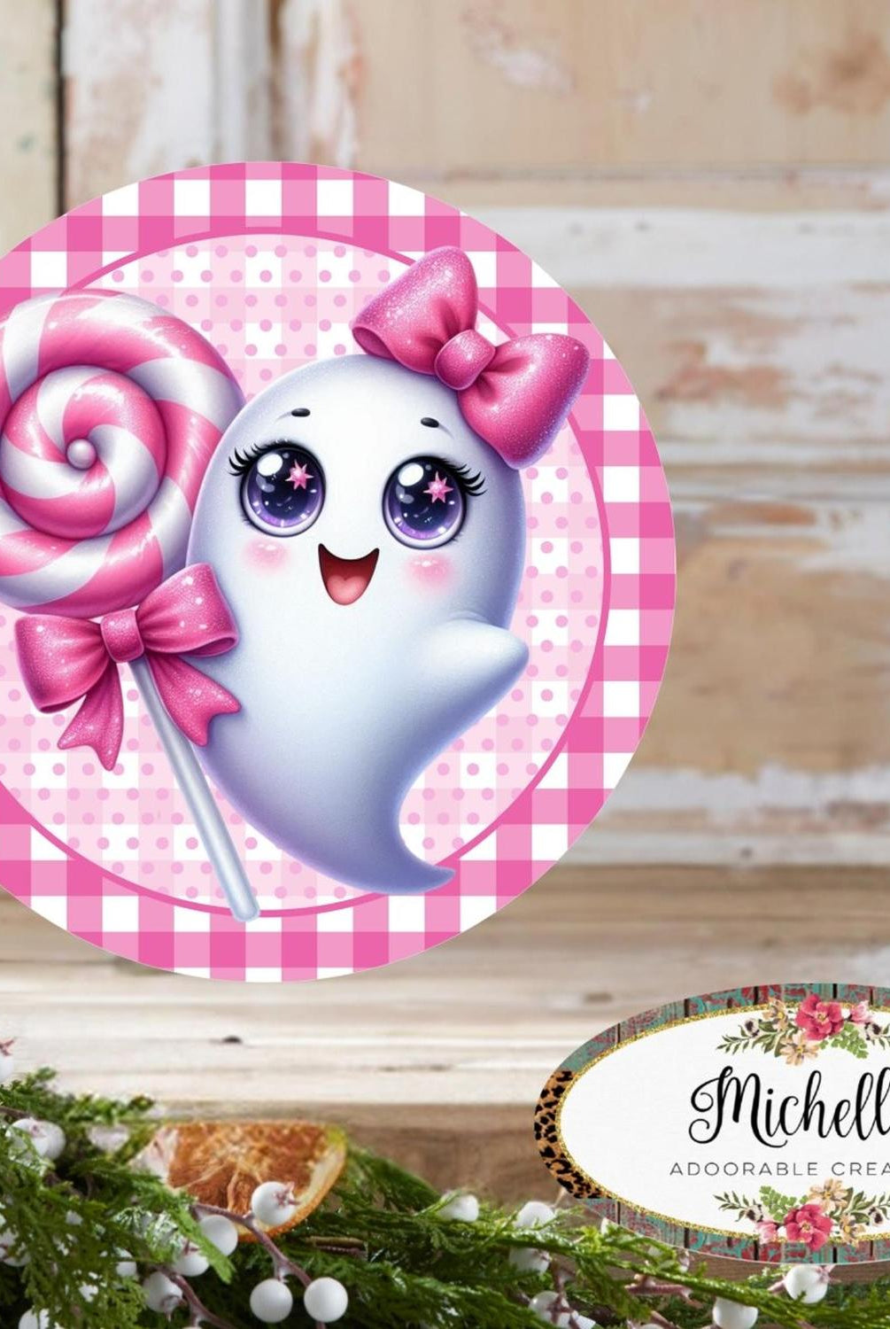 Cute Pink Halloween Ghost Round Sign