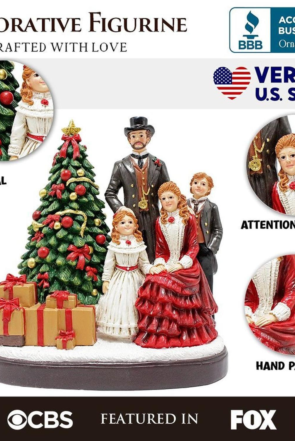 Elegant Victorian Christmas Family Figurine, 8" Vintage Holiday Tabletop Statue and Home Decoration