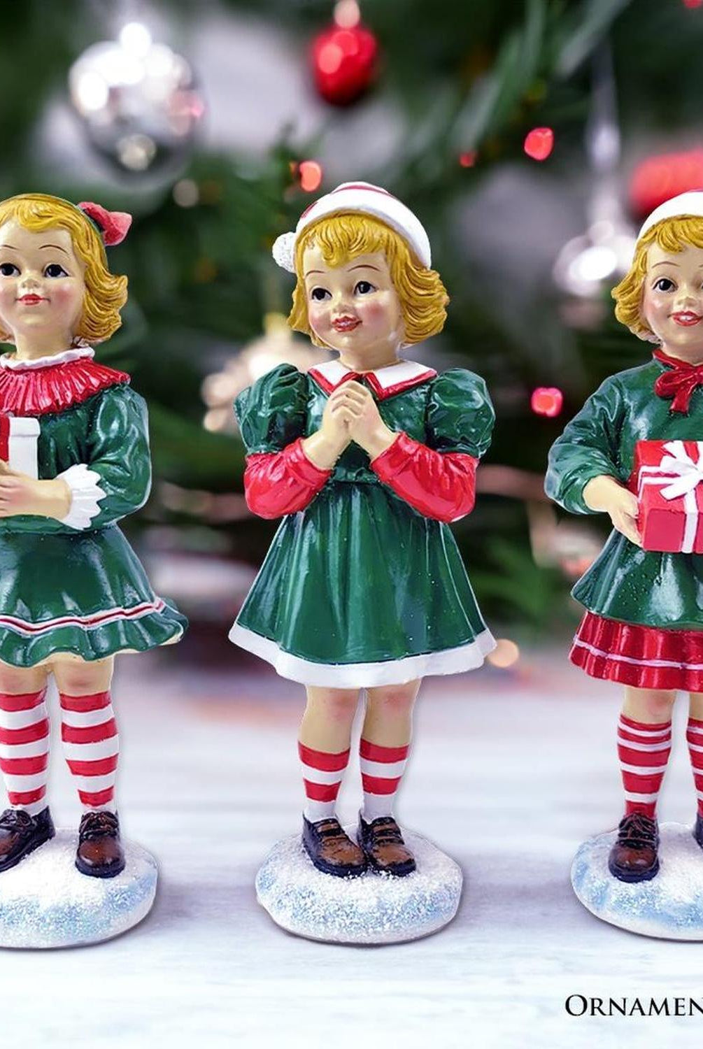 Elegant Victorian Christmas Girl Set of Three Figurines, 6" Holiday Home Decor