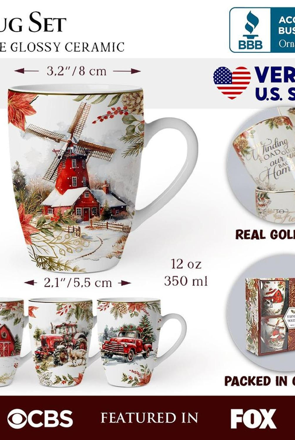 Fancy Farmhouse Holiday Set of 4 Ceramic Mugs with Real Gold Trim, Rustic Christmas Kitchen Coffee Cup Decoration