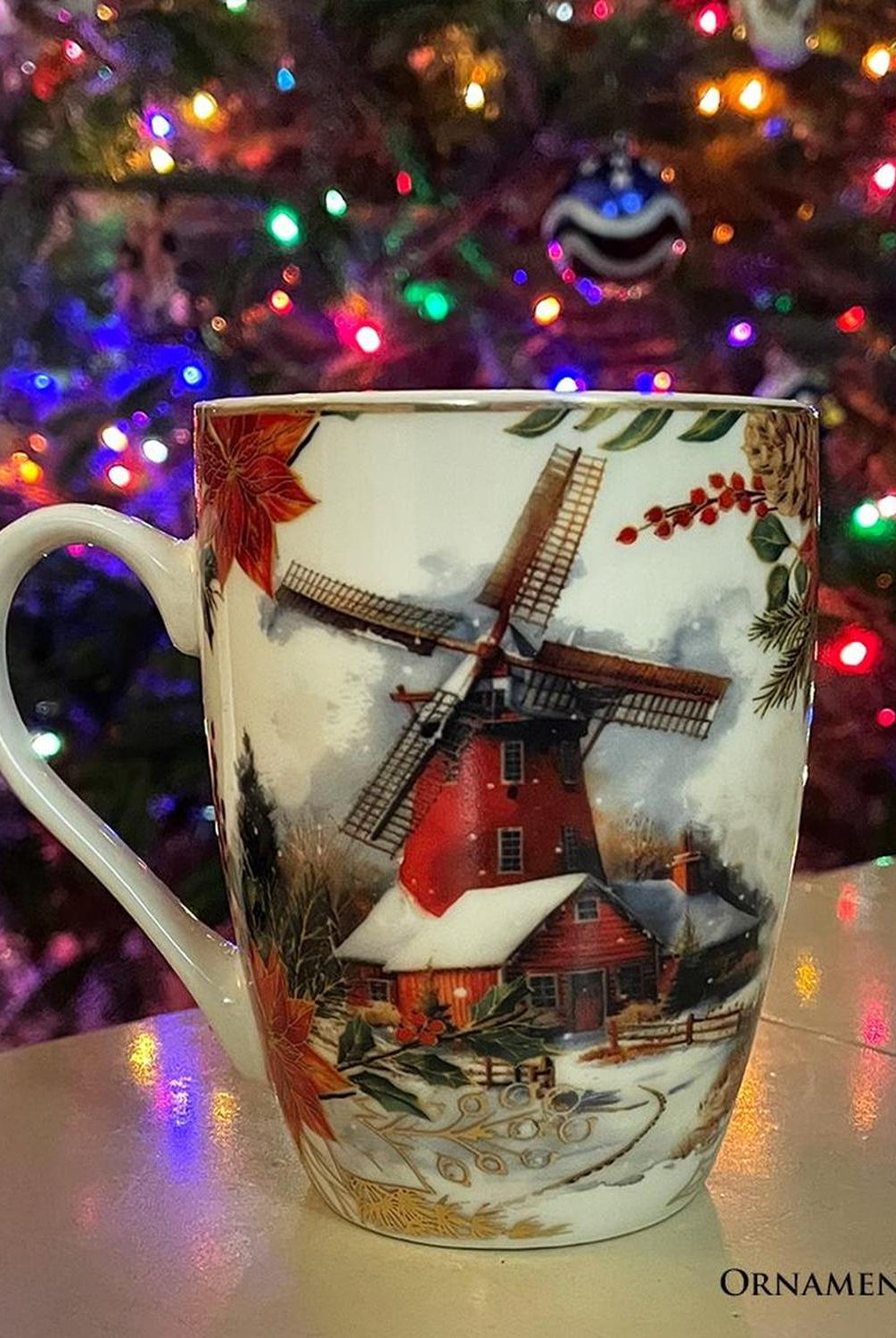 Fancy Farmhouse Holiday Set of 4 Ceramic Mugs with Real Gold Trim, Rustic Christmas Kitchen Coffee Cup Decoration