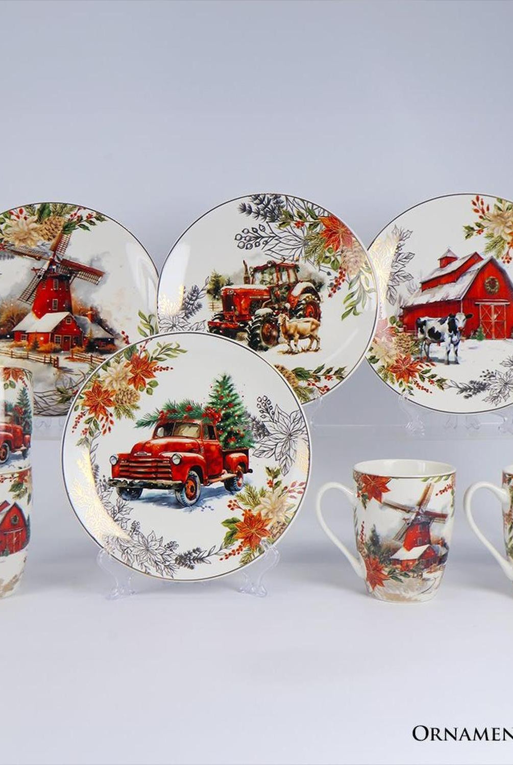 Fancy Farmhouse Holiday Set of 4 Ceramic Mugs with Real Gold Trim, Rustic Christmas Kitchen Coffee Cup Decoration