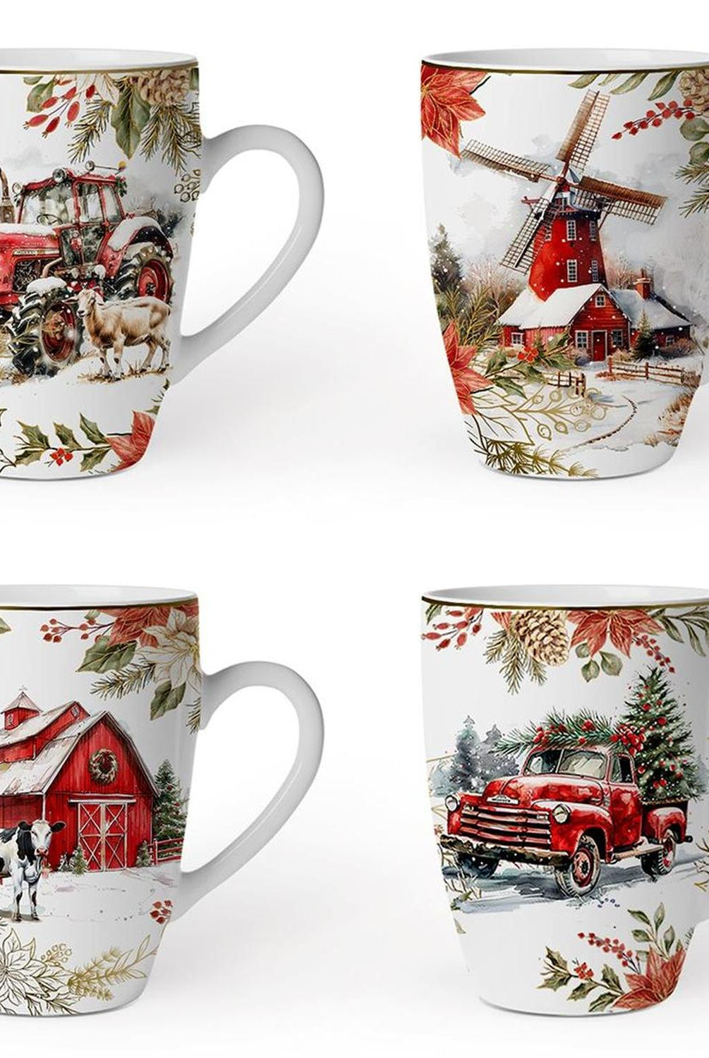 Fancy Farmhouse Holiday Set of 4 Ceramic Mugs with Real Gold Trim, Rustic Christmas Kitchen Coffee Cup Decoration