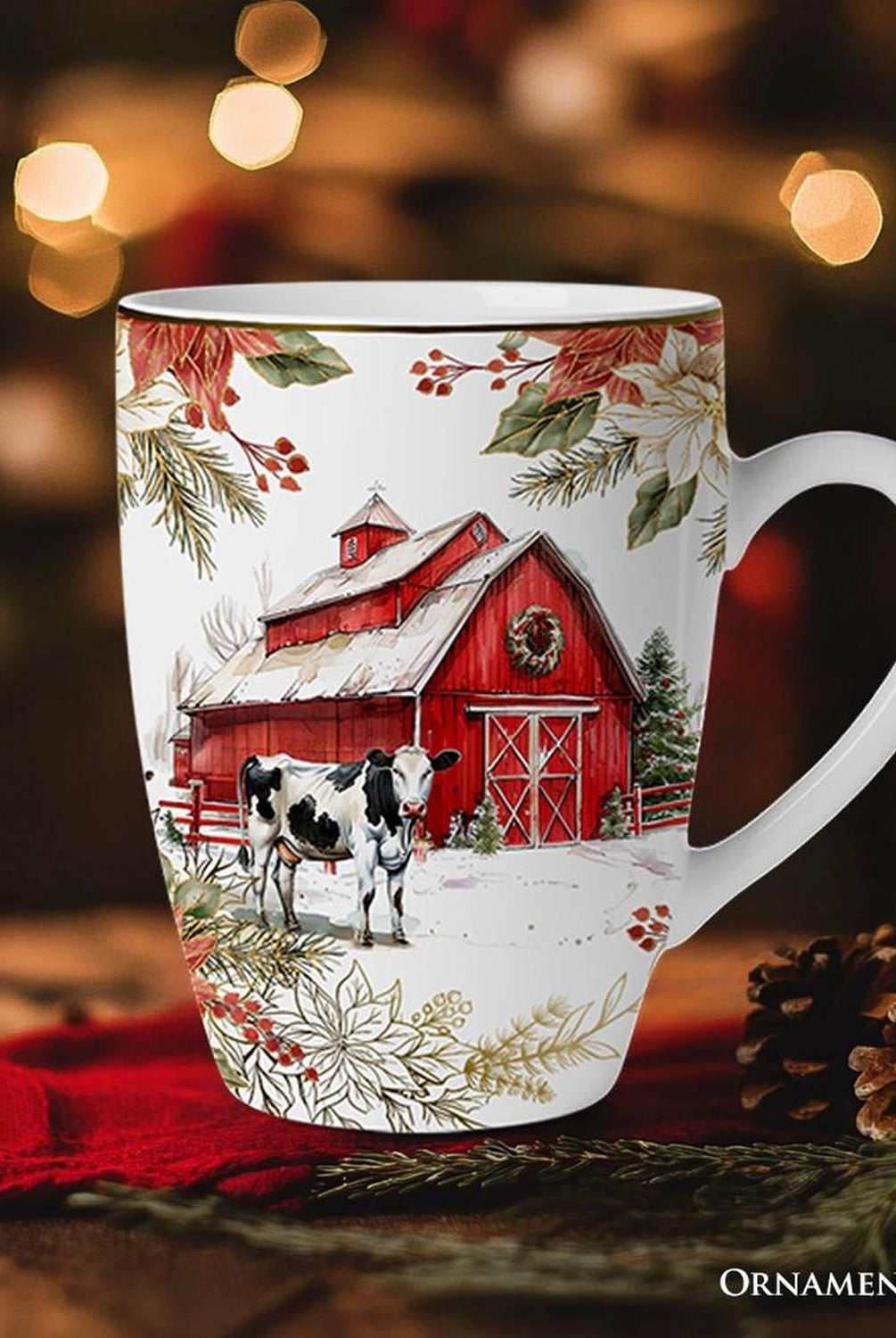 Fancy Farmhouse Holiday Set of 4 Ceramic Mugs with Real Gold Trim, Rustic Christmas Kitchen Coffee Cup Decoration