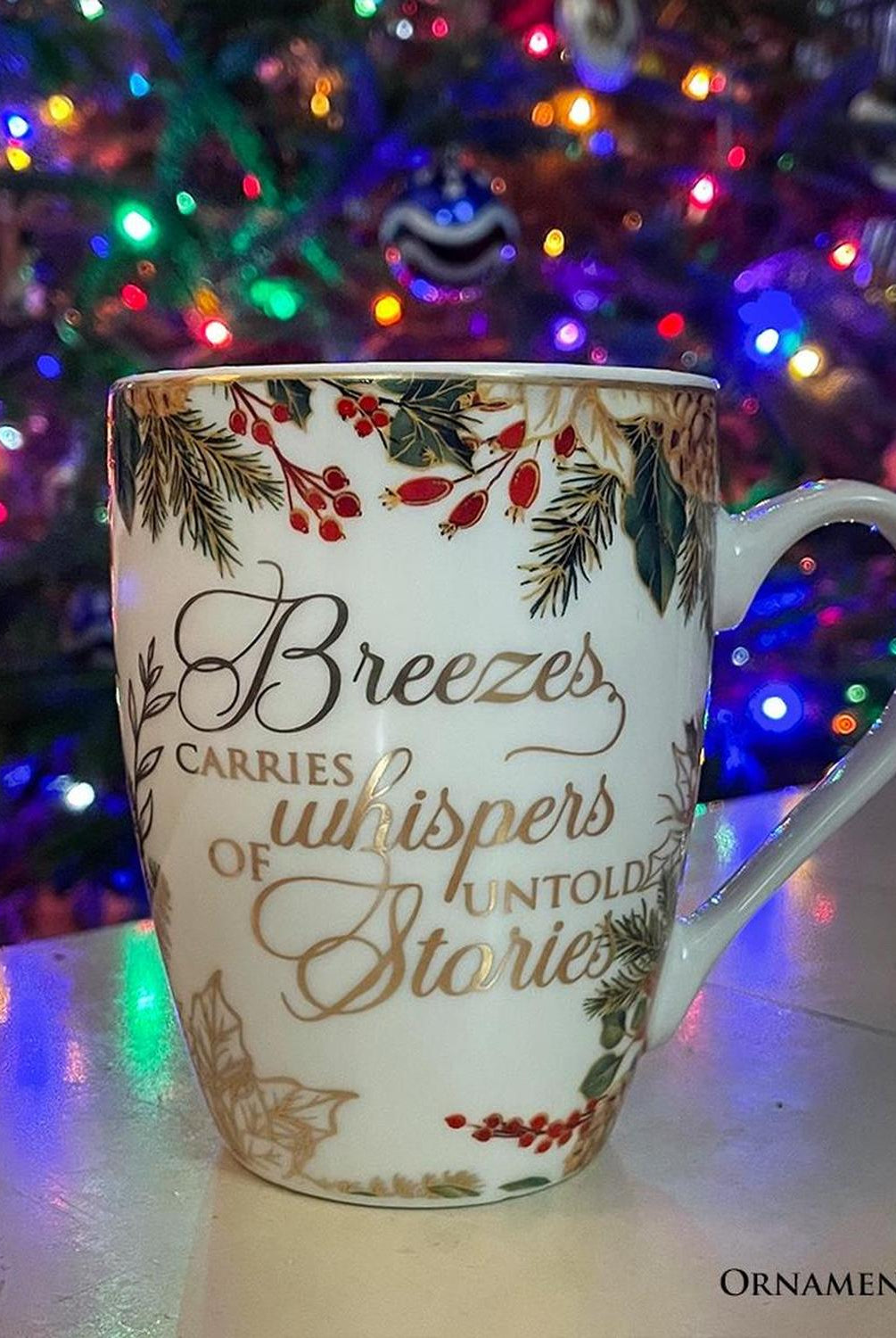 Fancy Farmhouse Holiday Set of 4 Ceramic Mugs with Real Gold Trim, Rustic Christmas Kitchen Coffee Cup Decoration