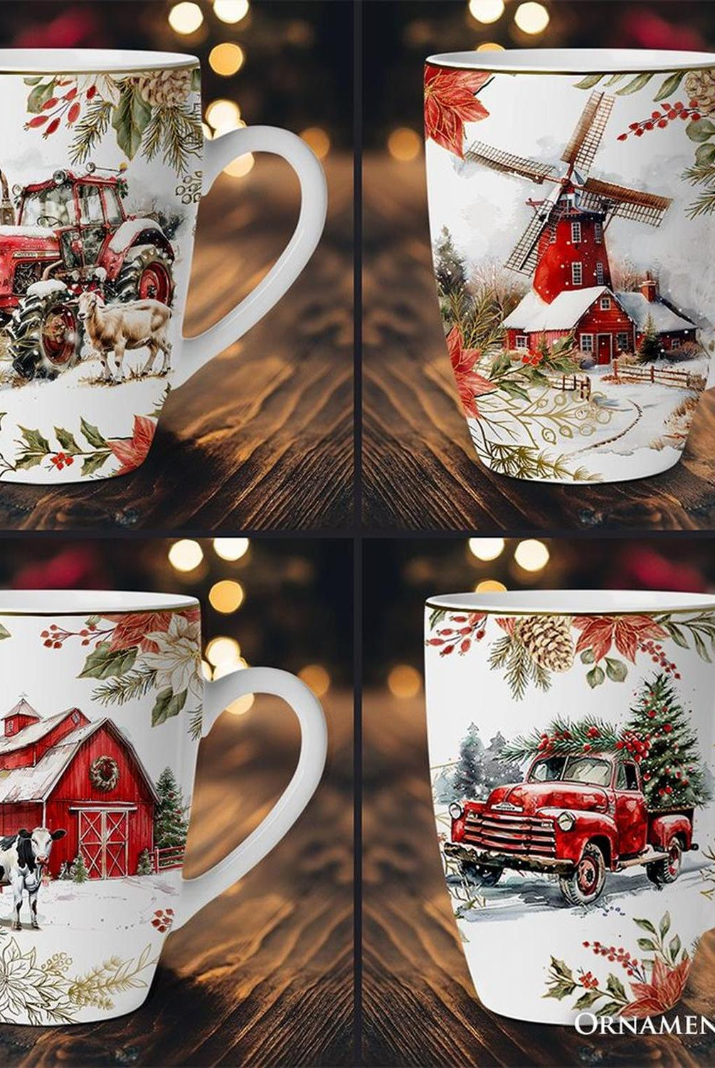 Fancy Farmhouse Holiday Set of 4 Ceramic Mugs with Real Gold Trim, Rustic Christmas Kitchen Coffee Cup Decoration