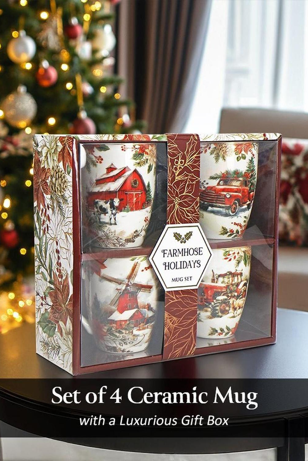 Fancy Farmhouse Holiday Set of 4 Ceramic Mugs with Real Gold Trim, Rustic Christmas Kitchen Coffee Cup Decoration