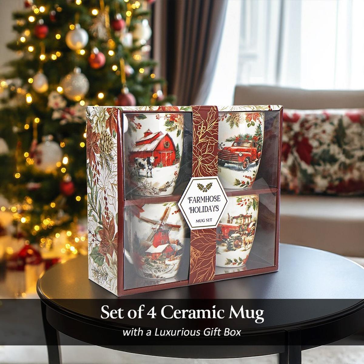 Shop For Fancy Farmhouse Holiday Set of 4 Ceramic Mugs with Real Gold Trim, Rustic Christmas Kitchen Coffee Cup Decoration
