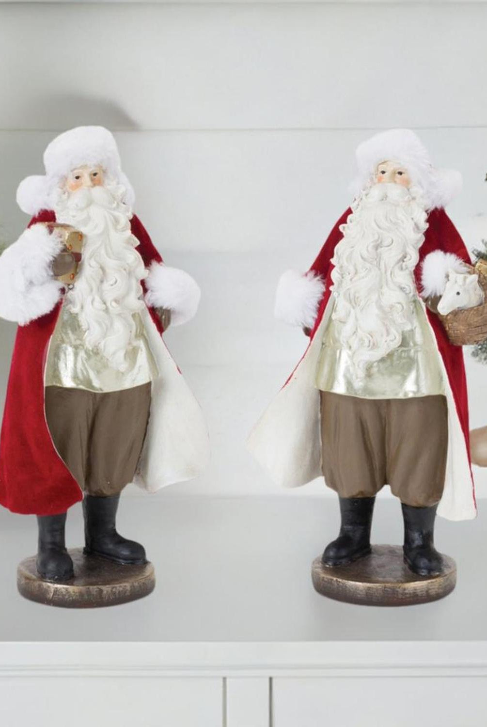 Shop For Flocked Santa Figurine with Toy Accents (Set of 2) at Michelle's aDOORable Creations