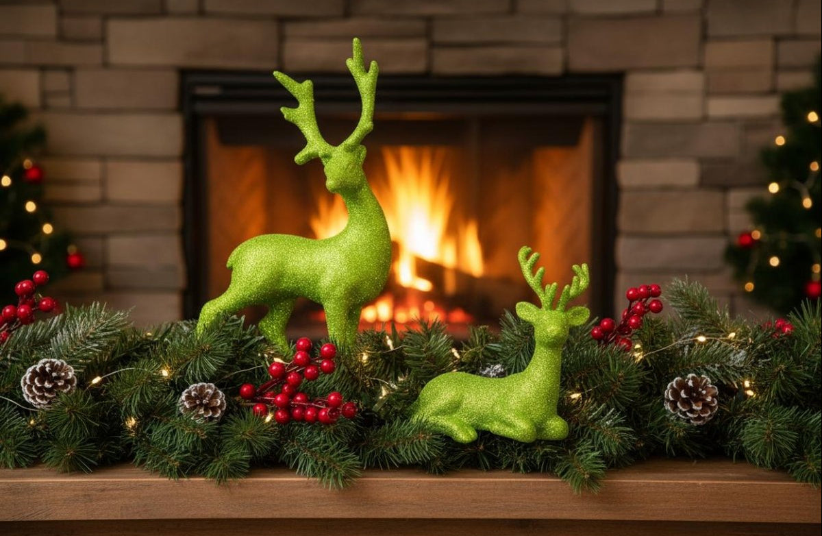 Chartreuse glitter deer Christmas decor set styled on mantel with pine garland