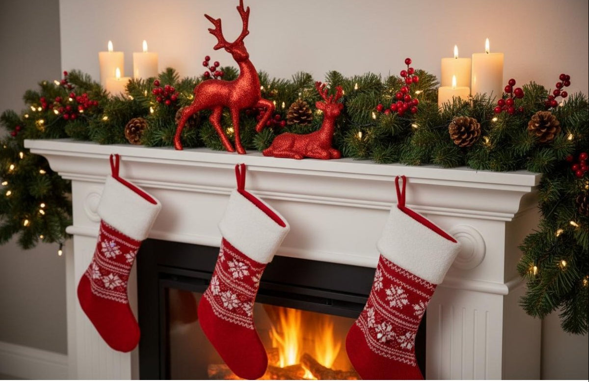 Red glitter reindeer mantel decor with holiday garland