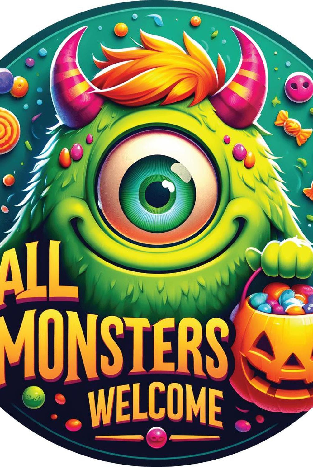 Green All Monsters Are Welcome Round Sign