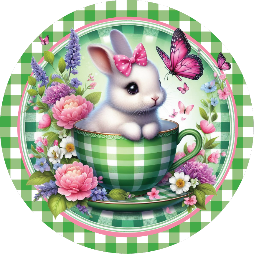 Shop For Green Check Easter Spring Bunny Teacup Sign