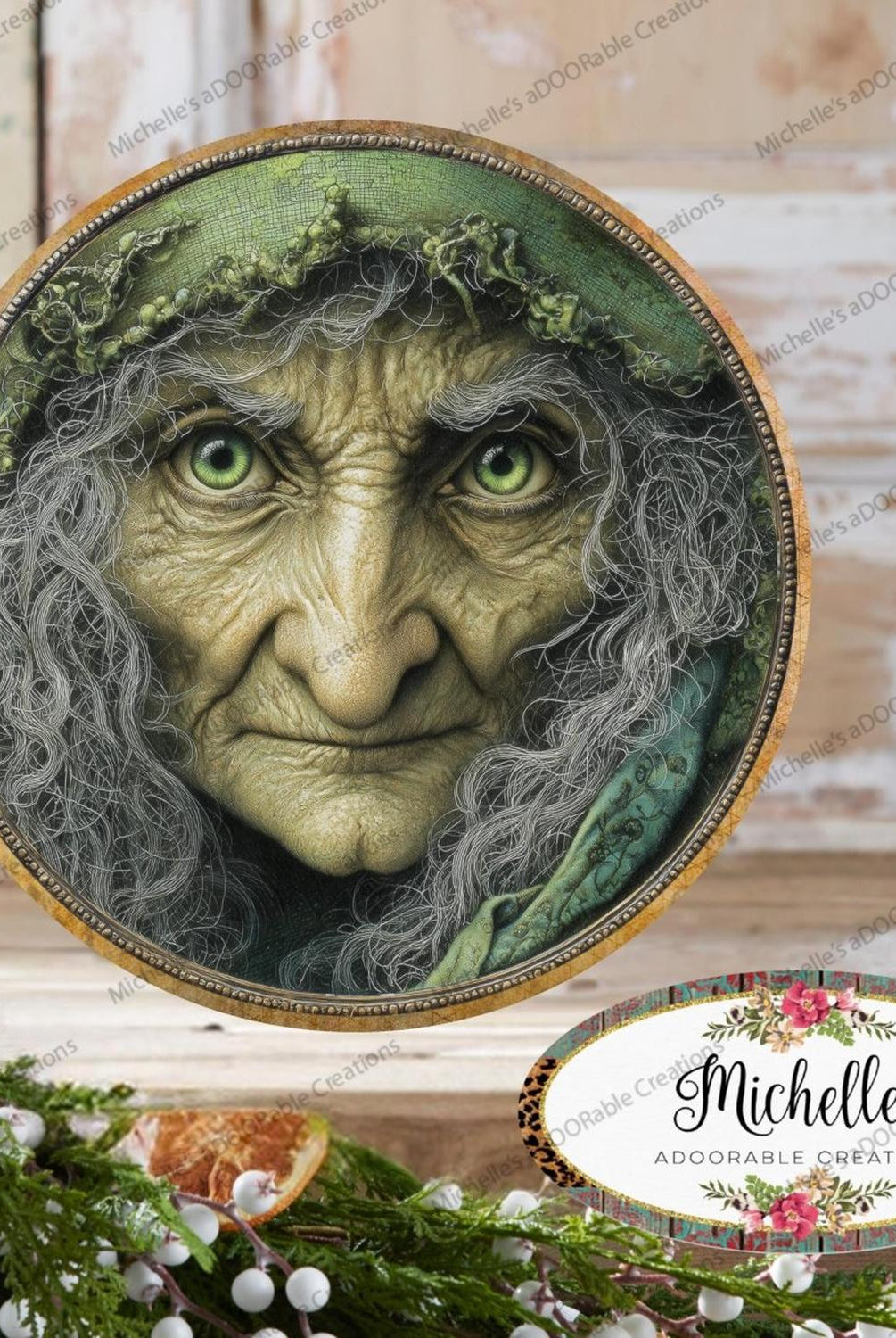 Halloween Green Witch Face Metal Sign