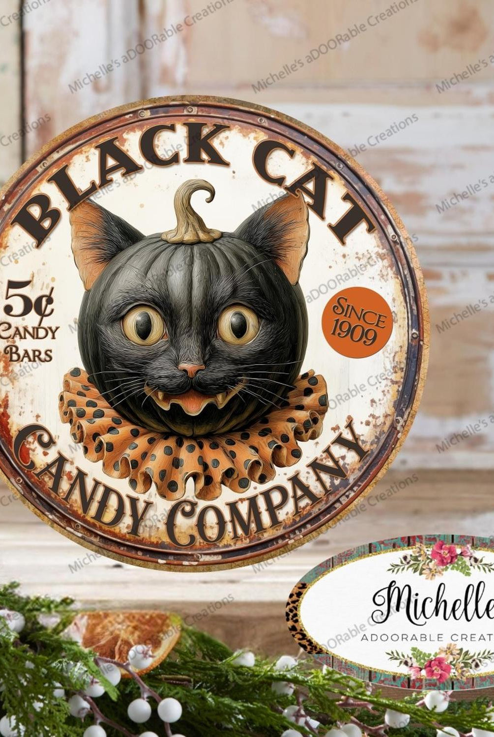 Halloween Vintage Black Cat Candy Company Round Sign
