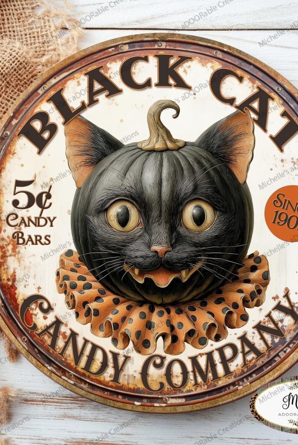 Halloween Vintage Black Cat Candy Company Round Sign