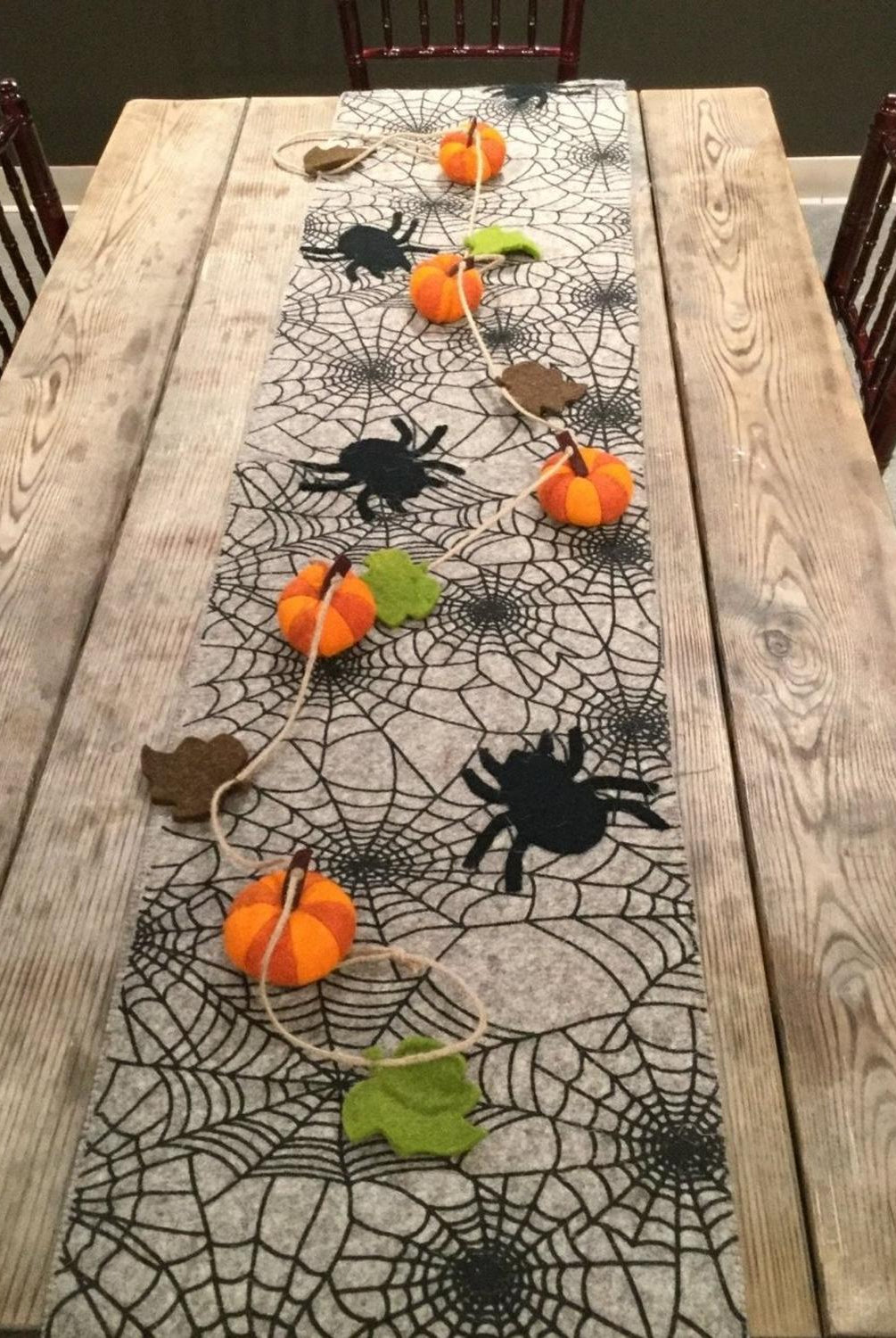Hand Felted Wool Halloween Spider Web Table Runner - 14x72" Arcadia Home