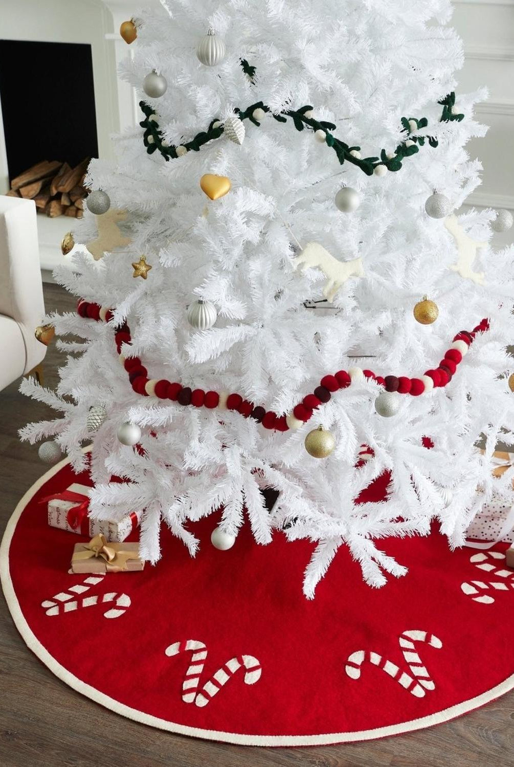 Handmade Candy Canes Red Felt Christmas Tree Skirt Felt 60" Arcadia Home